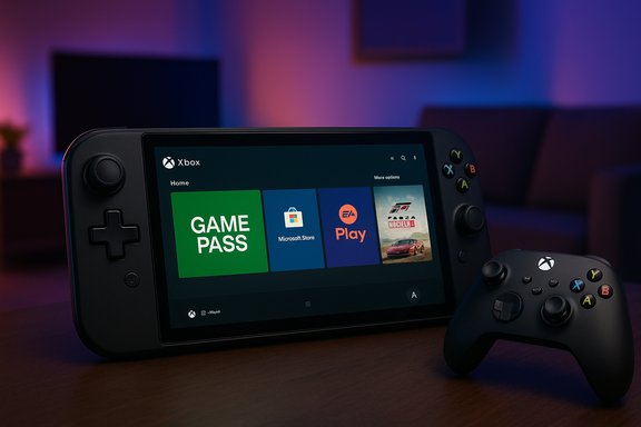 A handheld Xbox-style gaming console displaying the Game Pass tiles.