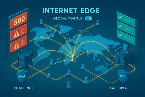 Global Internet Edge: interconnected world nodes with WAF shields and a fail-open challenge.