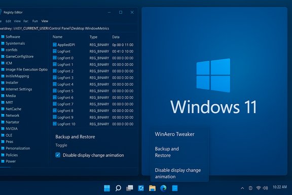 Windows 11 desktop with Registry Editor open to Desktop WindowMetrics on the left.