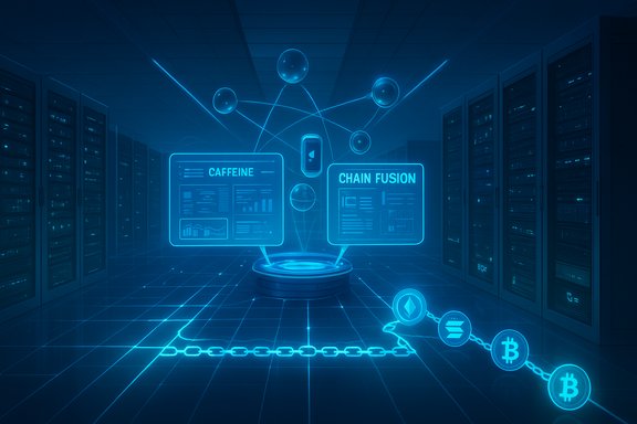Futuristic data center with neon holographic panels labeled “CAFFEINE” and “CHAIN FUSION.”