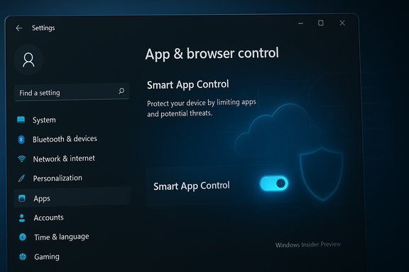 Windows Settings: App & browser control with Smart App Control enabled. Windows Settings: App & browser control with Smart App Control enabled.