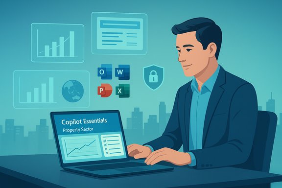 A business professional uses a laptop displaying Copilot Essentials for the property sector with data dashboards.