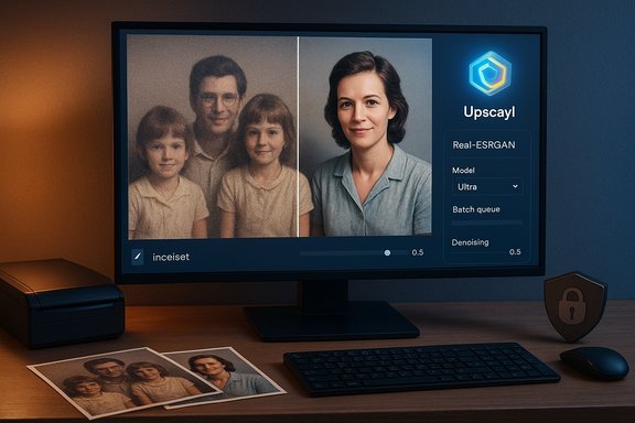 Split-screen portrait restoration shows a vintage family photo being enhanced with Upscayl Real-ESRGAN.
