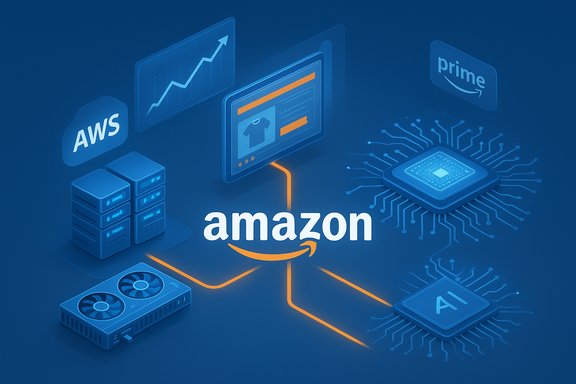 Amazon cloud ecosystem with AWS, Prime, AI, GPU, and data-center components.