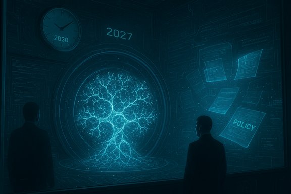 Two suited men observe a glowing neural portal as policy papers drift nearby.