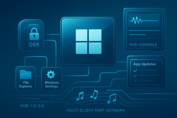 Blue tech schematic showing Windows icons linked in a multi-client MIDI network.