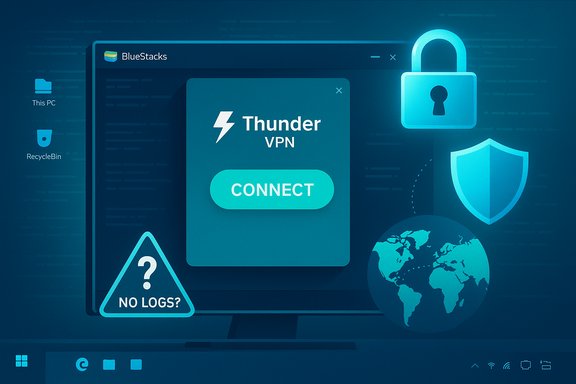 BlueStacks desktop with Thunder VPN CONNECT card and security icons.