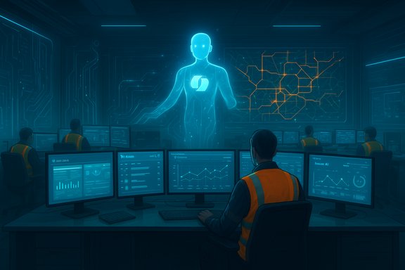 A futuristic control room where engineers monitor screens as a blue holographic figure looms.