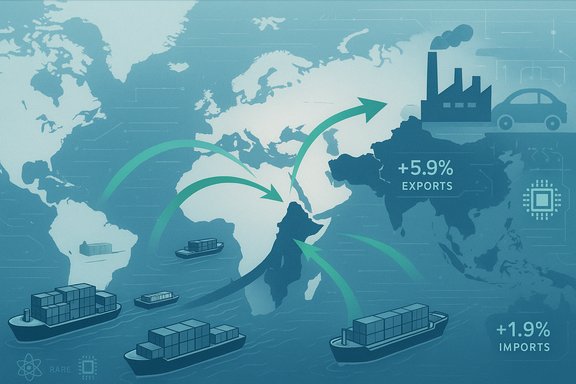 Global trade map with ships and arrows showing rising exports (+5.9%) and imports (+1.9%).