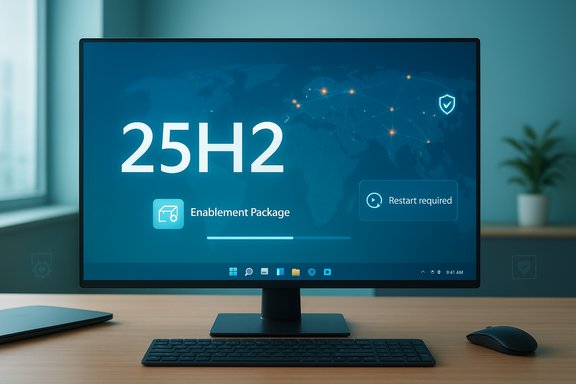 Windows 11 25H2 enablement package shown on a monitor; restart required. Windows 11 25H2 enablement package shown on a monitor; restart required.