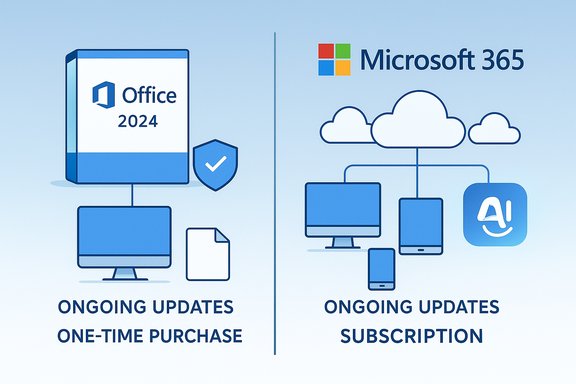 Side-by-side comparison: Office 2024 one-time purchase vs Microsoft 365 cloud subscription. Side-by-side comparison: Office 2024 one-time purchase vs Microsoft 365 cloud subscription.