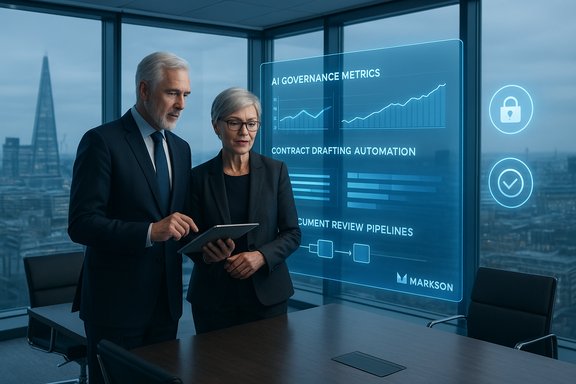 Two senior professionals review AI governance metrics on a translucent digital display.