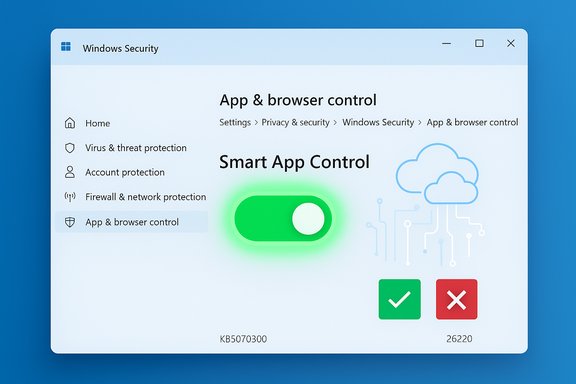 Windows Security app shows Smart App Control with a green toggle. Windows Security app shows Smart App Control with a green toggle.