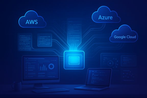 Cloud platforms AWS, Azure, and Google Cloud linked to a central processing hub. Cloud platforms AWS, Azure, and Google Cloud linked to a central processing hub.
