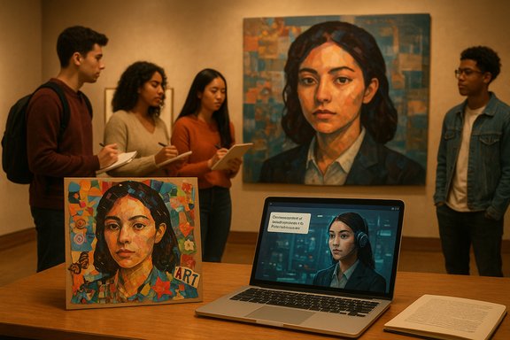 Students in an art gallery study portraits, with colorful artworks on display and a laptop showing a portrait.