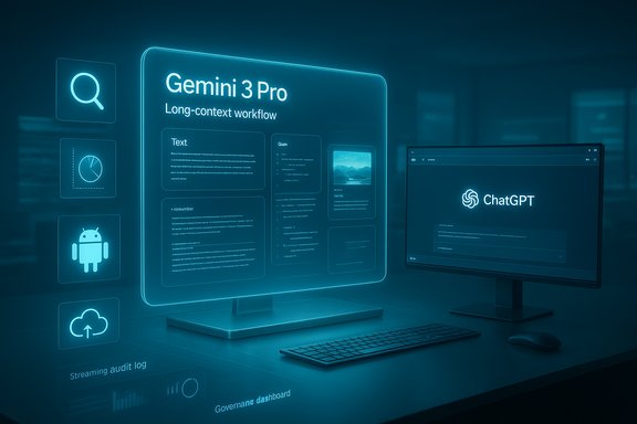 Futuristic desk features Gemini 3 Pro interface panels alongside a ChatGPT monitor.