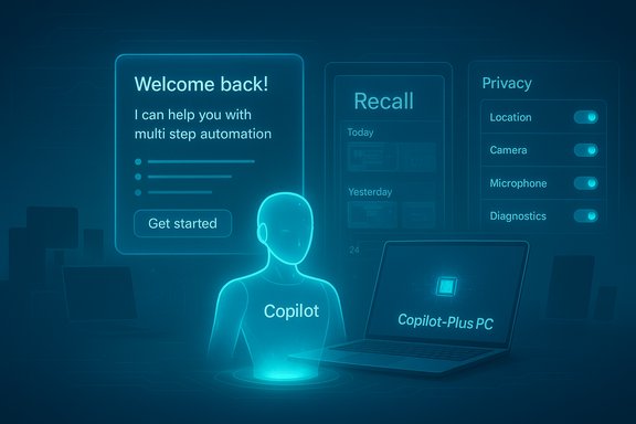 A blue holographic Copilot assistant greets you beside a laptop and futuristic UI panels.