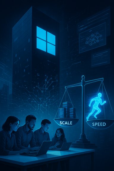 Analysts work on laptops in a blue neon data lab, balancing scale and speed.