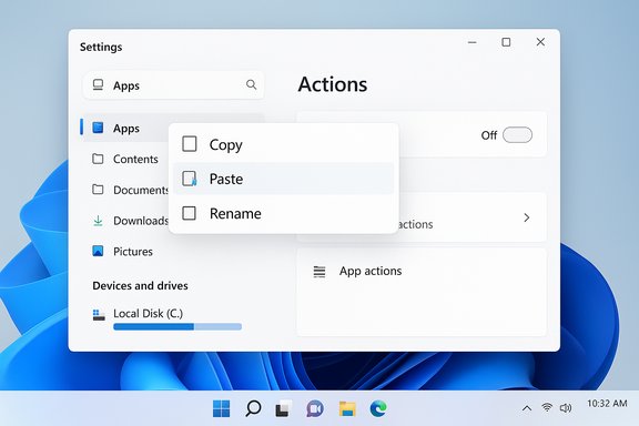 Windows 11 Settings screen with a floating menu offering Copy, Paste, Rename.