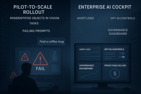 Split-screen: pilot-to-scale rollout with alerts on left; enterprise AI cockpit with dashboards on right.