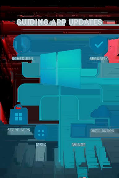 Illustrative guide to Windows app updates: scheduling, security, store apps, MSIX, Win32, distribution.