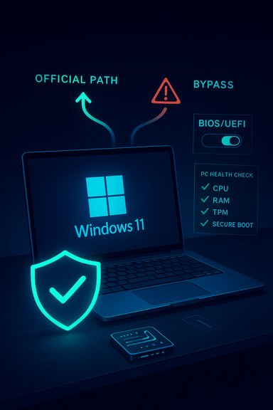 Windows 11 laptop with neon security icons, illustrating a bypass path and BIOS/UEFI toggle.