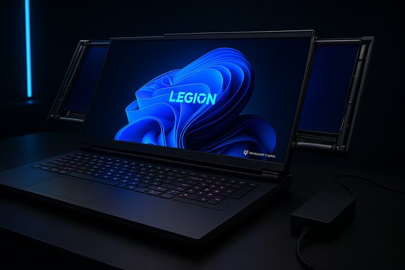 Legion gaming laptop on a dark desk with side screens and blue ambient lighting.
