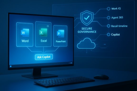 A computer screen displays Word, Excel and PowerPoint icons with an “Ask Copilot” button and secure governance visuals.