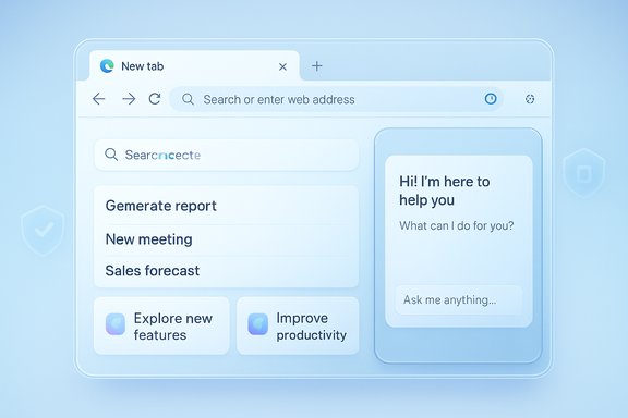 A soft blue browser UI with a built-in AI assistant panel and quick-action cards.