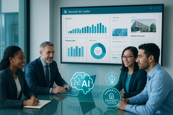 Diverse professionals discuss AI-driven property insights during a high-tech business meeting.