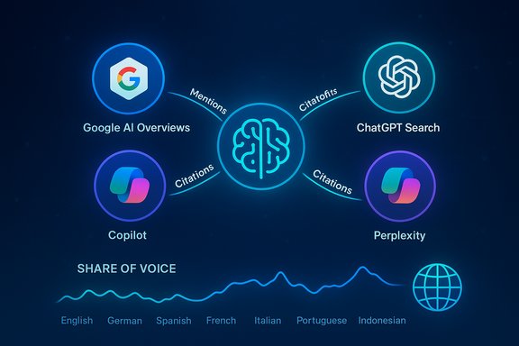 Neon AI infographic with tools circling a central brain, linked by citations and share of voice across languages.