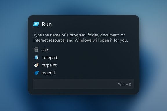 Windows Run dialog listing calc, notepad, mspaint, and regedit.
