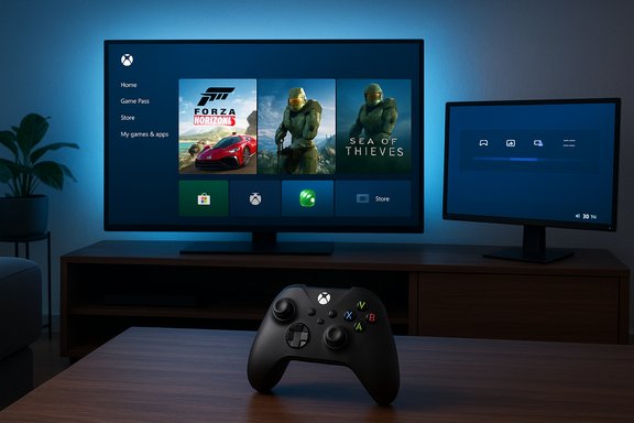 Cozy gaming setup with a large monitor showing Xbox UI, a secondary display, and a controller on a wooden table.