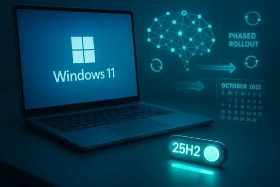 Windows 11 laptop with a futuristic holographic rollout diagram and a 25H2 update switch.