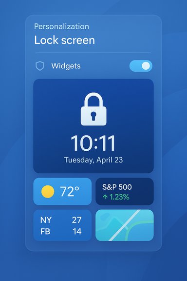 A glossy blue lock-screen UI showing time, date, weather, and a Widgets toggle.