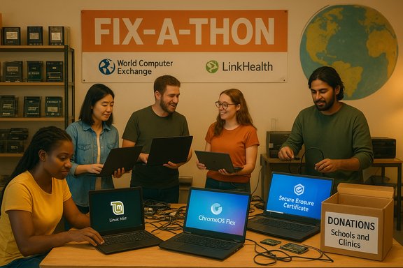 A diverse group of volunteers collaborates at a Fix-A-Thon, working on donated laptops.