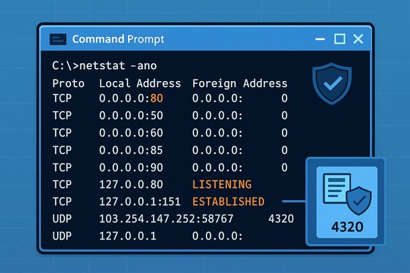 Blue command prompt displays netstat output with LISTENING and ESTABLISHED connections.