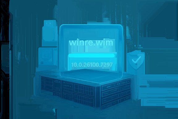 Glowing blue server rack with a holographic display showing winre.wim and a progress bar. Glowing blue server rack with a holographic display showing winre.wim and a progress bar.