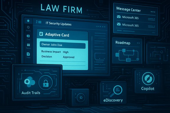Blue-toned law firm IT dashboard featuring an Adaptive Card with Owner John Doe and security updates.