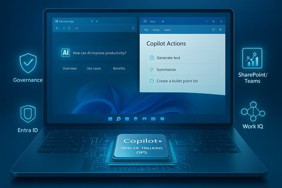 Blue-tinted laptop shows Copilot AI tools and actions with governance, Entra ID, and SharePoint/Teams icons.