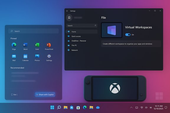 Windows 11–style desktop showing a Settings window and a handheld console on a blue-pink gradient.