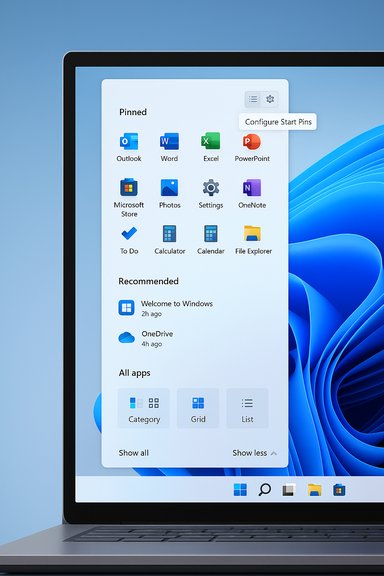 A Windows-style start menu pinned apps panel on a laptop display against a blue wallpaper.