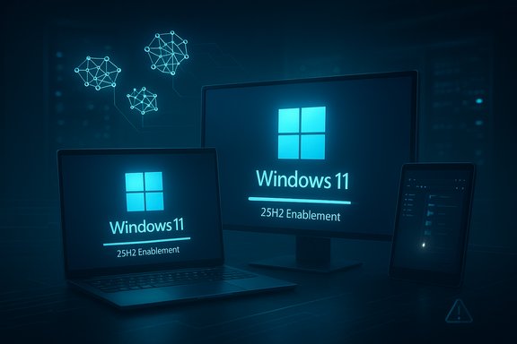 Windows 11 25H2 Enablement shown on laptop, monitor, and tablet.