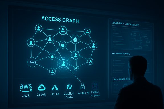 A neon blue access graph dashboard mapping users and cloud services (AWS, Google, Azure).