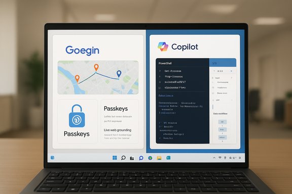 Laptop screen with split-screen: Goegin map and Passkeys on the left, Copilot PowerShell on the right.