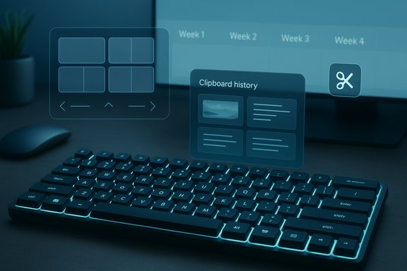 Futuristic holographic UI panels hover above a keyboard in a modern workspace.