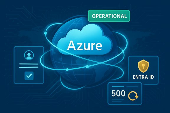Azure cloud with an OPERATIONAL tag, Entra ID and security icons.