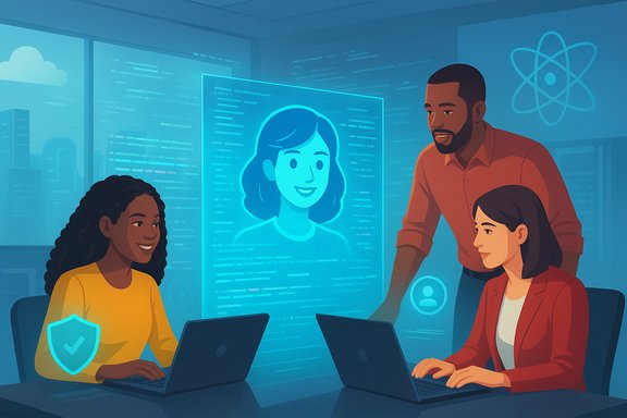A diverse team collaborates around laptops with a glowing holographic avatar display.