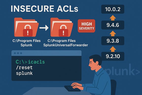 Insecure ACLs depicted in Splunk directories, highlighting high-severity permission risks.