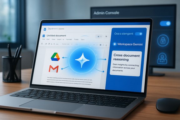 Open laptop displays a document editor with a blue Workspace Gemini panel.